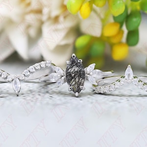 1.45 ctw Marquise 10.00X5.00 mm Natural Black Rutile Silver Engagement Rings Set Bridal Marquise Ring Set Wedding Rings Set Black Rutilated