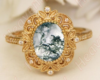 1.75ctw Oval 8.00X6.00 mm 14K Yellow Gold Plated Natural Moss Agate Silver Engagement Ring Bridal Rings For Her Wedding Agate Gemstone Ring