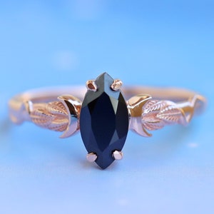 1.60 ctw Marquise Cut 10.00X5.00 mm 14K Rose Gold Plated Natural Black Onyx Silver Engagement Ring Bridal Crescent Moon Wedding Ring