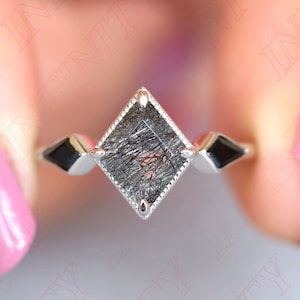 2.45 ctw Kite Diamond 10.00X8.00mm Natural Black Rutile 925 Silver Engagement Ring Bridal Ring For Her Rutilated Quartz Quartz Ring