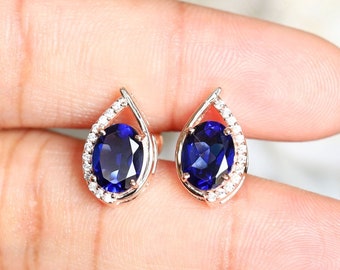Oval Blue Sapphire Stud Earrings: 14K Rose Gold Plated, Moissanite