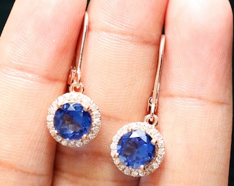 Blauwe saffier Dangle & Drop Earring met hendel terug Moissanite Halo Rose Gold Oorbellen verjaardag verjaardag graduatiecadeau voor haar