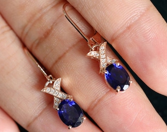 Blue Sapphire Dangle & Drop Earring With Lever Back Moissanite Art Deco Rose Gold Earrings Birthday Anniversary Graduation Gift For Her