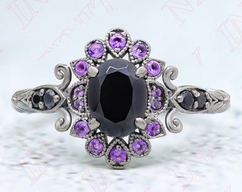 Black Onyx & Amethyst Art Deco Ring: Rhodium Plated Silver