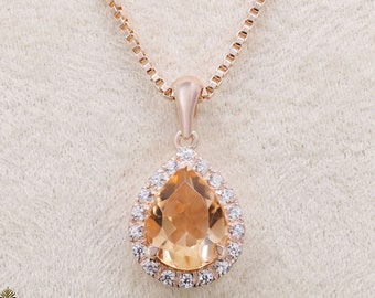 Pear Peach Morganite Necklace Halo Moissanite Pendant With 18 Inch Box Chain Birthday Anniversary Gift For Her Pendant For Women