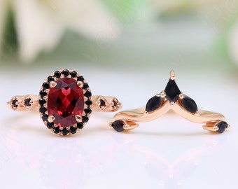 1.50 ctw Oval 8.00X6.00 mm 14K Rose Gold Plated Natural Red Garnet Silver Engagement Wedding Bridal Oval Rings Set Stackable Bands For Her