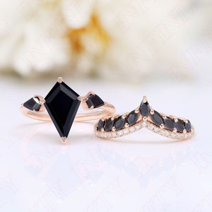 Kite12.00X8.00mm 14K Rose Gold Plated Black Onyx Gemstone Silver Engagement Ring Bridal 14K 18K Gold Wedding Kite Onyx Black Ring For Her