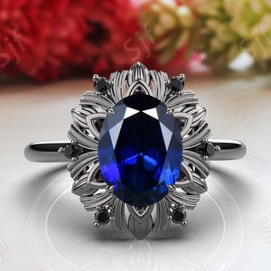 1.55ctw Oval 8.00X6.00 mm Black Rhodium Plated Blue Sapphire Silver Engagement Ring Bridal Oval Ring For Her Wedding Ring Blue Gemstone Ring