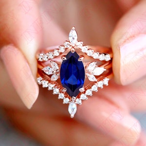 1.40ctw Marquise Cut 10.00X5.00 mm Rose Gold Plated Lab Blue Sapphire Silver Engagement Rings Set Bridal Rings Set For Her Wedding Rings