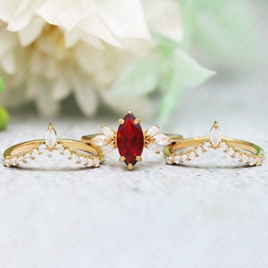 1.25 ctw Marquise Cut 10.00X5.00 mm Yellow Gold Plated Natural Red Garnet Silver Engagement Rings Set Bridal Rings Set For Her Wedding Rings