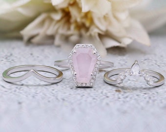 Coffin 10.00X7.00mm Rose Quartz Gemstone 14K Rose Gold Plated 925 Silver Engagement Ring Set Bridal 14K Gold Wedding Coffin Quartz Ring Set