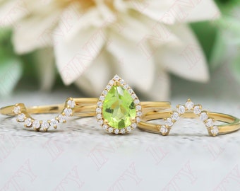 Pear 9.00X6.00mm Peridot Gemstone 14K Yellow Gold Plated 925 Silver Engagement Ring Set Bridal 14K Gold Wedding Pear Peridot Gemstone Ring