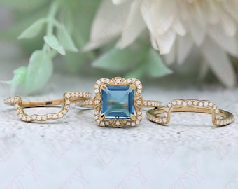 3.25ctw Square 8.00X8.00 mm 14K Rose Gold Plated Natural London Blue Topaz Silver Engagement Ring Bridal Ring Set Wedding Topaz Rings