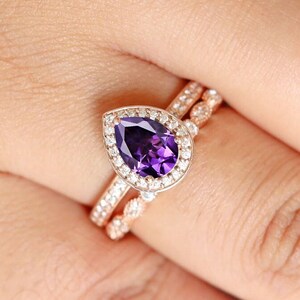 Pear Cut 8.00X6.00 mm Rose Gold Plated Natural Amethyst Silver Engagement Wedding Bridal Ring Set For Her Anniversary Birthday Stacking Gift