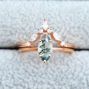 Marquise 10.00X5.00mm 14K Rose Gold Plated Natural Moss Agate Silver Engagement Ring Bridal Marquise Ring For Her Moss Agate Dainty Ring Set