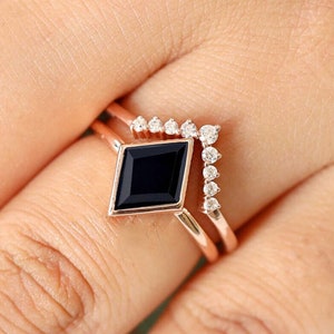 Kite 10.00X8.00mm 14K Rose Gold Plated Black Onyx Gemstone Silver Engagement Bridal 14K 18K Gold Wedding Kite Onyx Black Ring Set For Her