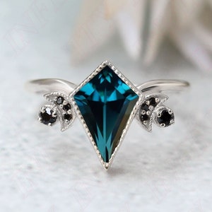 Vintage Kite 12.00X8.00mm Rhodium Plated Natural London Blue Topaz Silver Engagement Ring Bridal Ring 14K 18K Gold Wedding Topaz Ring