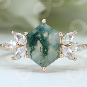 2.86 ctw Hexagon 10.00X7.00mm Rose Gold Plated Natural Moss Agate Silver Engagement Ring Bridal Hexagon Ring 14K 18K Gold Dainty Rings