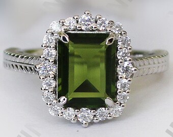 Octagon Moldavite Halo Ring: 14K Gold Plated Silver Bridal Ring