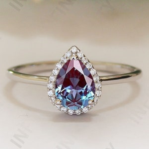 1.35 ctw Pear 8.00X6.00 mm Color Changing Alexandrite Silver Engagement Bridal Pear Ring Color Changing Alexandrite Ring Halo Alexandrite