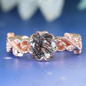 7.00mm Round Natural Black Rutile Rose Gold Plated 925 Silver Engagement Ring Bridal Ring For Her Rutilated Quartz Nature Inspired Ring
