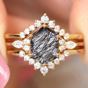 2.25 ctw Hexagon 10.00X7.00 mm Rose Gold Plated Natural Black Rutile Silver Engagement Ring Set Bridal Ring Set Rutile Quartz Ring Set