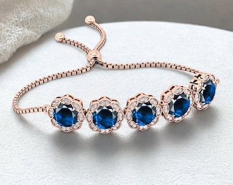 Blue Sapphire & Moissanite Sterling Silver Rose Gold Plated Slider Bracelet