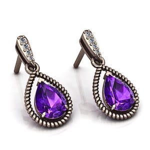 Amethyst Stud Earrings: Black Rhodium 14K Gold Plated 925 Silver, Moissanite Accents