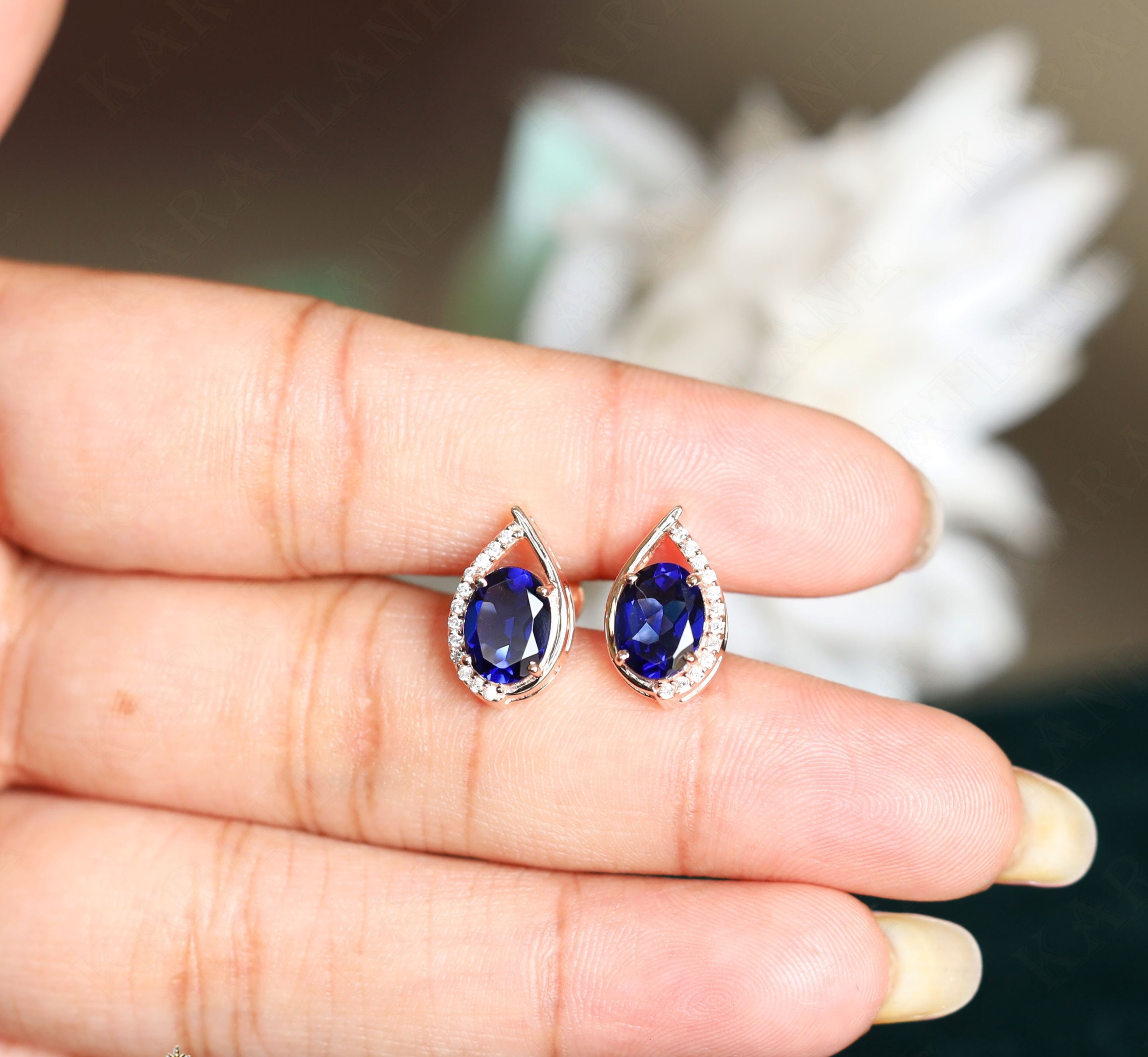 Oval Blue Sapphire Stud Earrings: 14K Rose Gold Plated, Moissanite