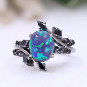 Oval Peacock Opal Engagement Ring Bridal Ring Black Rhodium 925 Silver Rings Blue Fire Opal Ring Promise Ring Statement Ring Dainty Ring