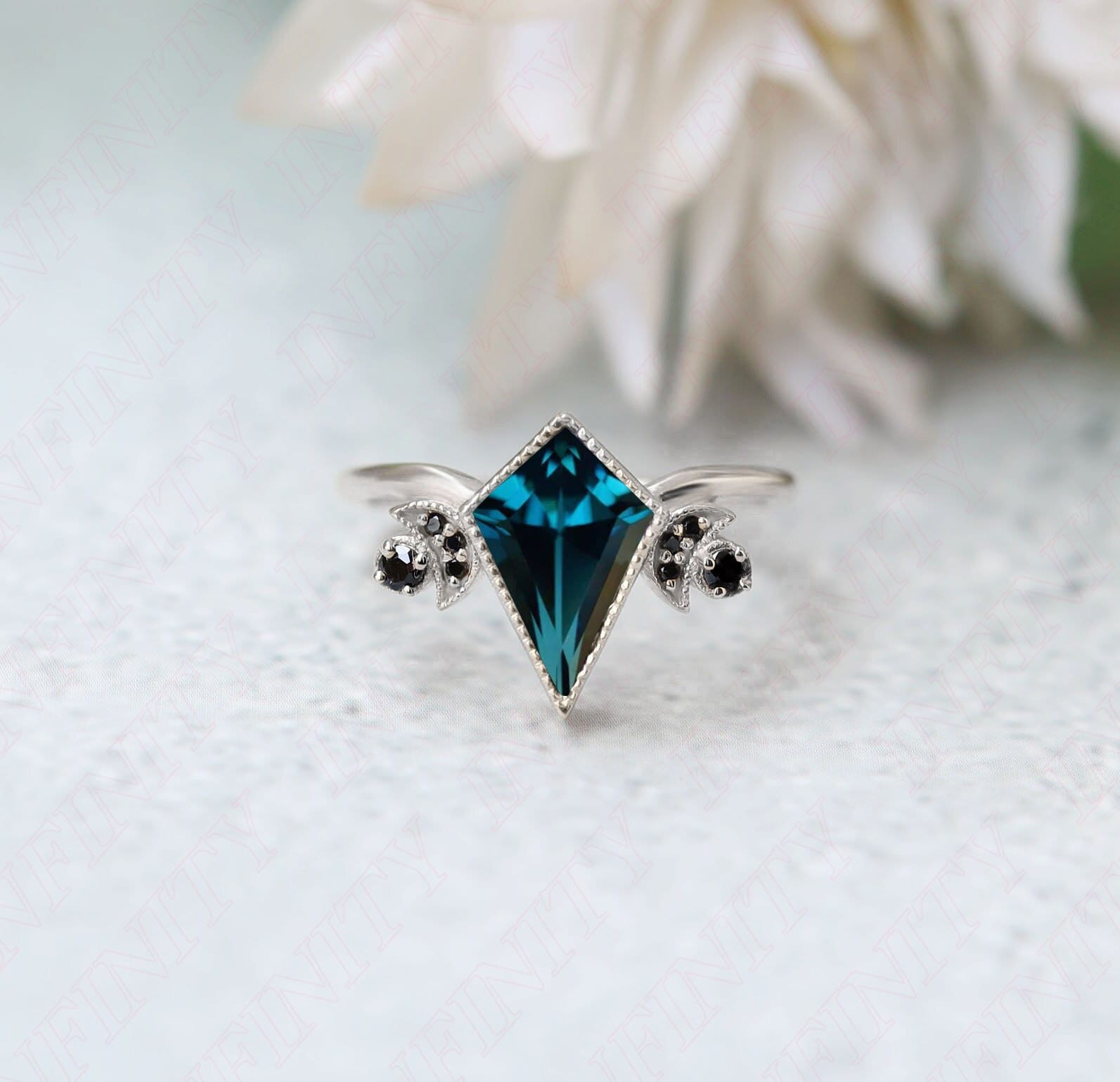 Vintage Kite 12.00X8.00mm Rhodium Plated Natural London Blue Topaz Silver Engagement Ring Bridal Ring 14K 18K Gold Wedding Topaz Ring