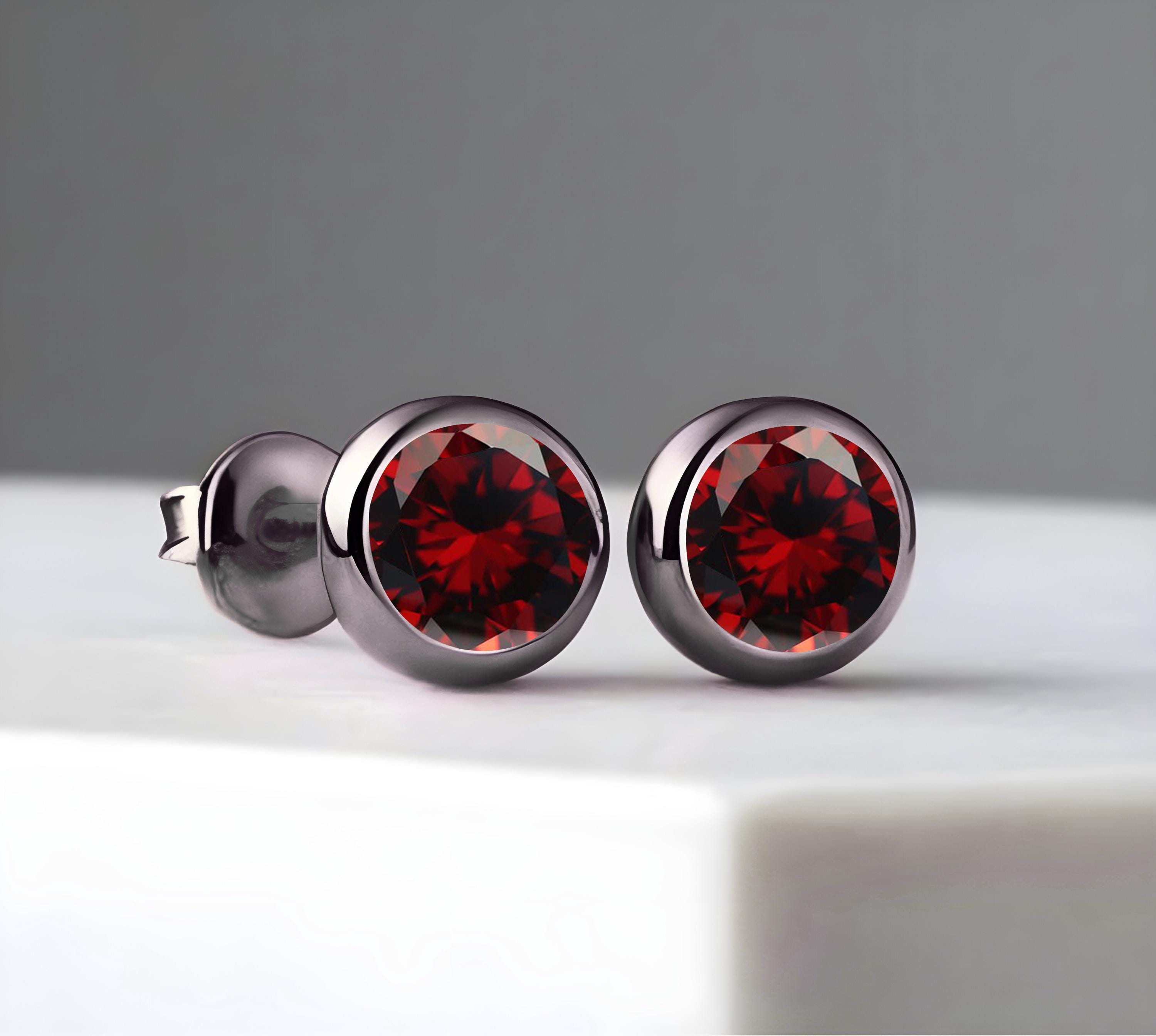 Red Garnet Stud Earrings: Black Rhodium Plated, 5mm Round Gemstone