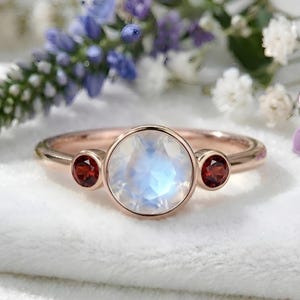 Round Moonstone Engagement Wedding Ring: 14K Rose Gold & Red Garnet Accents