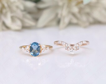 Oval 8.00X6.00mm 14K Rose Gold Plated Natural London Blue Topaz Silver Engagement Ring Set Bridal Ring Set 14K Gold Wedding Topaz Ring Set