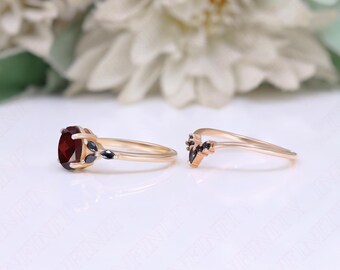 Rose Gold Garnet Engagement Ring Set: Sterling Silver Bridal Bands
