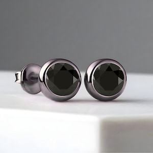 Round Black Onyx Stud Earring for Woman Black Rhodium Plated Earring for Engagement Birthday Anniversary Graduation Gift For Her