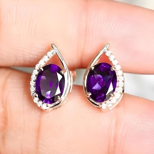 Oval Amethyst Stud Earrings: 14K Rose Gold Plated, Moissanite Accents