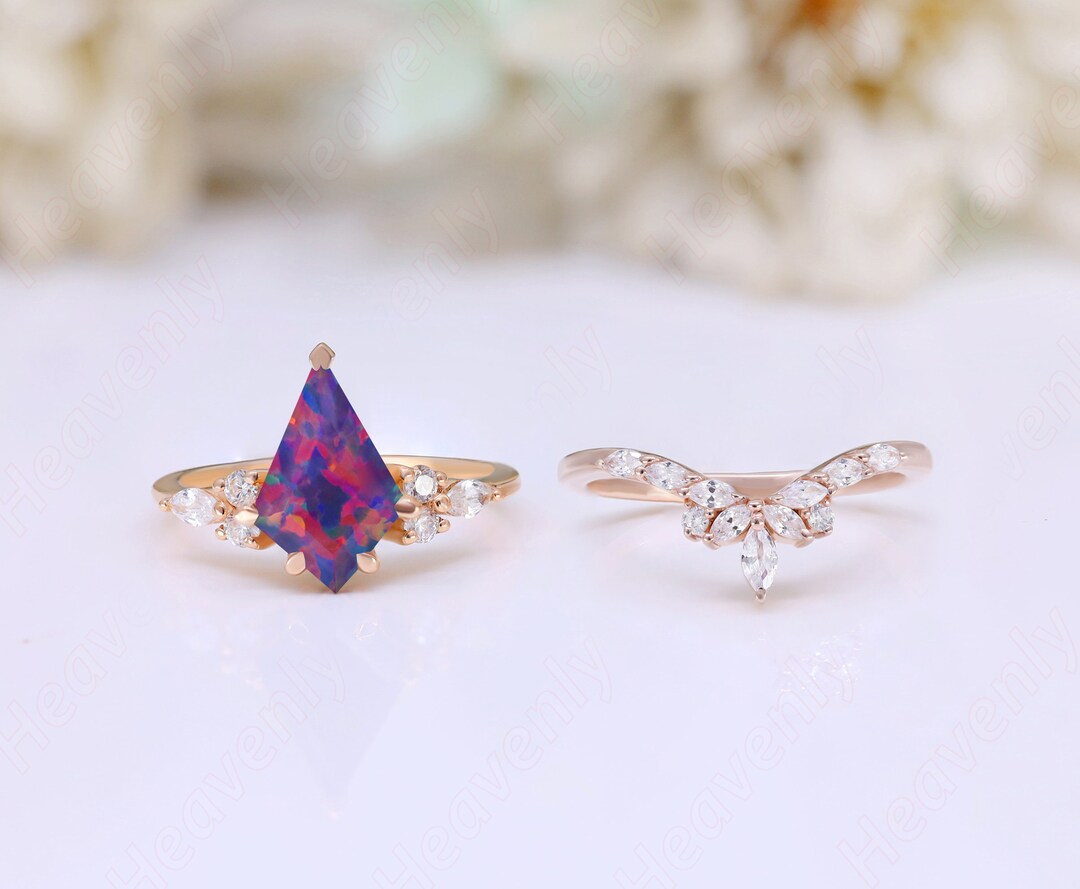 Kite Black Opal Engagement Ring Set: Moissanite Sterling Silver