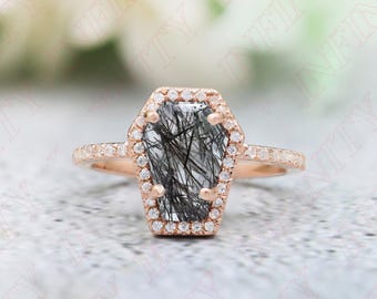 Coffin Black Quartz Engagement Ring: 14K Rose Gold Plated Sterling Silver