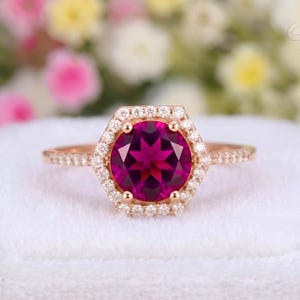 Anello con pavé di rubini: oro rosa 14 carati, argento sterling, dettagli in moissanite, anello di fidanzamento/matrimonio