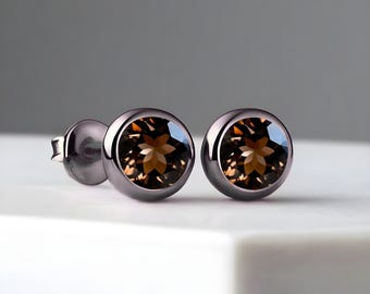 Round Smokey Quartz Stud Earrings: Black Rhodium Plated (5.00 MM)