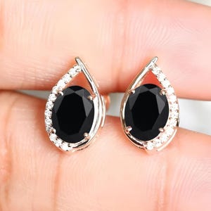 Oval Black Onyx Stud Earrings: 14K Rose Gold Plated, Moissanite Accents