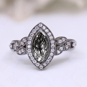 Marquise Rutilated Black Quartz Gemstone Black Rhodium 925 Silver Engagement Bridal 14K Gold Wedding Anniversary Ring Art Deco Ring