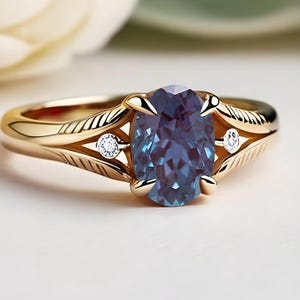 14K Gold Plated Alexandrite Ring: 925 Silver Halo Bridal Engagement Ring