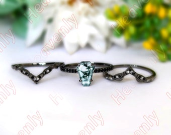 Coffin 10.00X7.00mm Moss Agate Gemstone 925 Silver Engagement Ring Bridal 14K Gold Wedding Coffin Moss Agate Gemstone Ring For Her