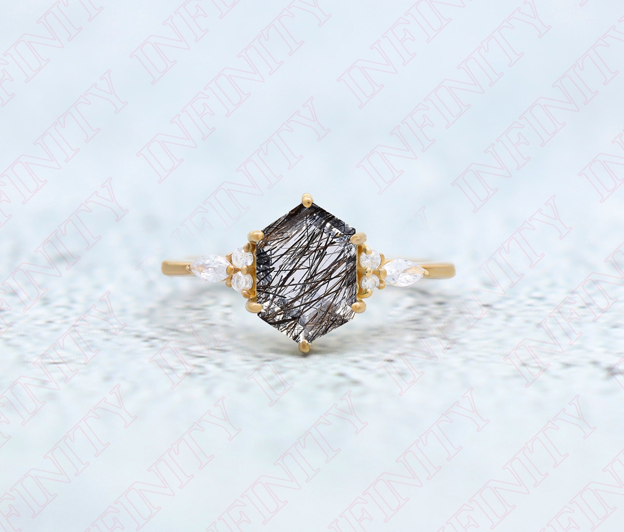 Hexagon Black Rutile Quartz Ring: Rose Gold Plated Sterling Silver Bridal Ring