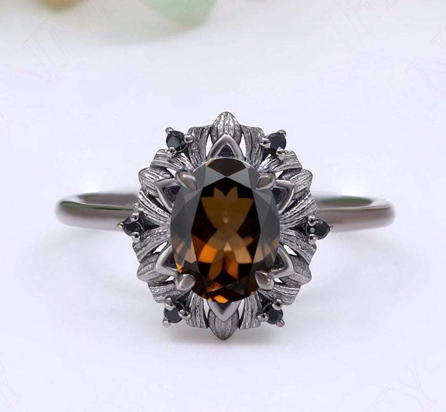 Smokey Quartz Engagement Ring: Black Rhodium Sterling Silver Art Deco Bridal Ring