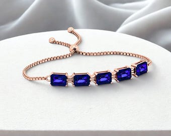 Blue Sapphire Sterling Silver Rose Gold Plated Slider Bracelet