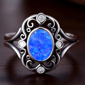 Black Rhodium Plated Blue Opal Silver Engagement Ring Bridal Ring Art Deco Ring Promise Ring Statement Ring Wedding Ring Anniversary Gift