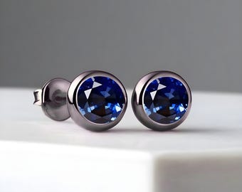 Round Blue Sapphire Stud Earrings: Black Rhodium Plated (5.00 MM)